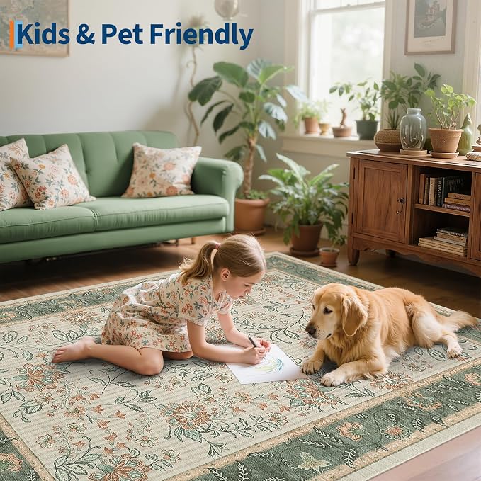 GarveeHome Area Rugs 8x10 for Living Room, Sage Green Botanical Floral Print Washable Rug Soft Non Slip Floor Mat Carpet Indoor Thin Cottage core Rug for Bedroom Dining Room Playroom Nursery Room