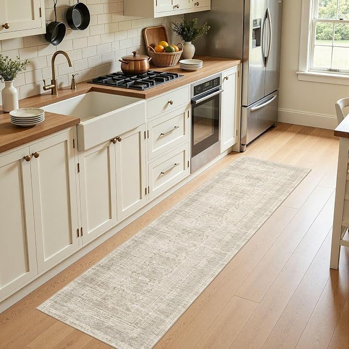Nakagishi Washable Runner Rug 2x8: Vintage Neutral Non-Slip Entryway Rug for Hallway & Kitchen, Soft Low Pile Floor Carpet for Bedroom - Beige Gray