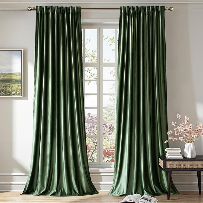 PRIMROSE Emerald Olive Green Velvet Curtains 108 inch Long for Living Room,Set of 2 Panels Blackout Rod Pocket Back Tab Window Treatment Room Darkening Heavy Decorative Curtains Drapes for Bedroom