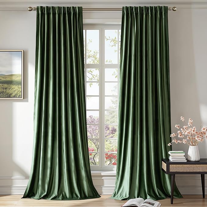 PRIMROSE Emerald Olive Green Velvet Curtains 63 inch Long for Living Room,Set of 2 Panels Blackout Rod Pocket Back Tab Window Treatment Room Darkening Heavy Decorative Curtains Drapes for Bedroom