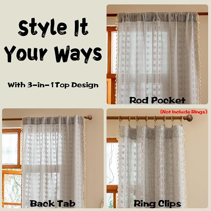 Light Gray Boho 96 inch curtains 2 panel set for Living Room Dining room floor to ceiling , Light Filtering Tassels Privacy Country Vintage Embroidery Bohemian Stripes Window Treatment Back Tab, 50"W