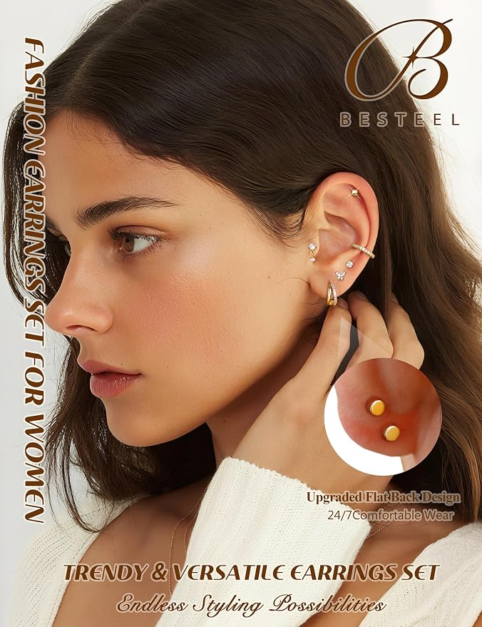 BESTEEL Hypoallergenic Flat Back Earrings for Women - 14K Gold Plated Surgical Stainless Steel Earring Stacks Set Small Stud & Hoop for Cartilage Helix Tragus Piercing Jewelry 20G