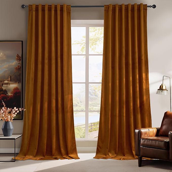 RYB HOME Fall Curtains Burnt Orange Velvet Curtains, Light Blocking, Thermal Insulated, Terracotta Luxury Window Treatment Privacy Backdrops for Bedroom Living Room, 52 inch x 84 inches, 2 Panels