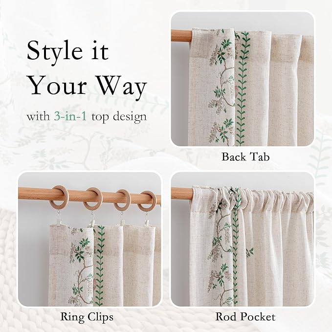 MYSKY HOME Boho Curtains for Living Room Linen Blend Leaf Bird Printed Curtains & Drapes 72 inches Length Farmhouse Room Decor Style Light Filtering Back Tab for Dining Room, Green, 50" x 72", Pack-2