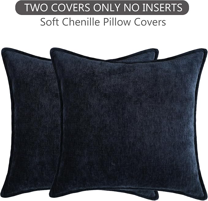 Stellhome Pack of 2 Soft Textured Throw Decorative Pillow Covers Square Accent Solid Chenille Cushion Cover Cozy Farmhouse Pillow Case for Couch Sofa Bedroom Living Room 24x24 Inch, Navy Blue