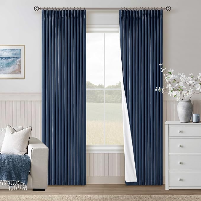 Navy Blue Pinch Pleated Full Blackout Linen 80 Inch Window Curtains | Room Darkening Thermal Insulated, for Living Room Bedroom, Back Tab Pinch Pleat Drapes with Hooks Rings, W40xL80 2 Panels