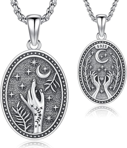 Hecate Wiccan Triple Moon Goddess Necklace Tetragrammaton Nudo De Bruja Plata 925 Original Sterling Silver Cat Moon Pendant Hekate Witch Necklace Amulet Witchy Jewelry Gifts for Women Men