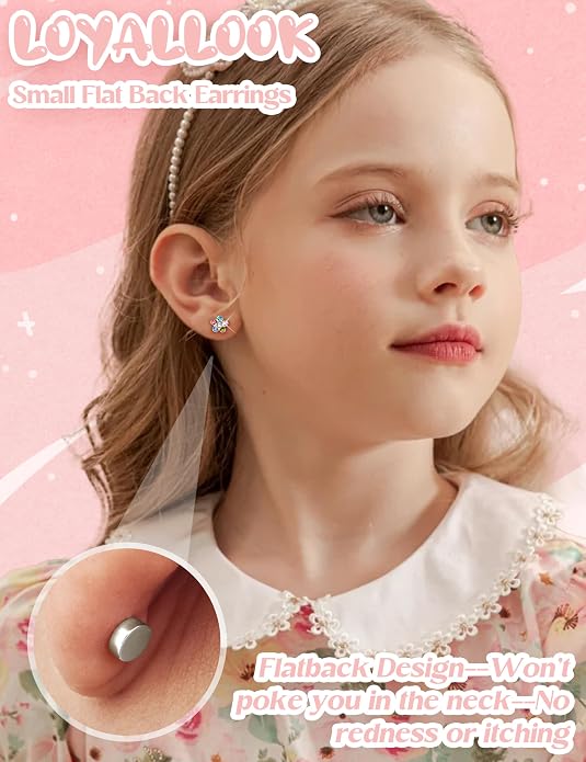 LOYALLOOK 14Pairs Hypoallergenic Screwback Earrings for Women Girls Tiny CZ Pearl Ball Heart Flower Screw Back Earring Studs 316L Stainless Steel Stud Earrings Flatback 20G Over 3 Years Old