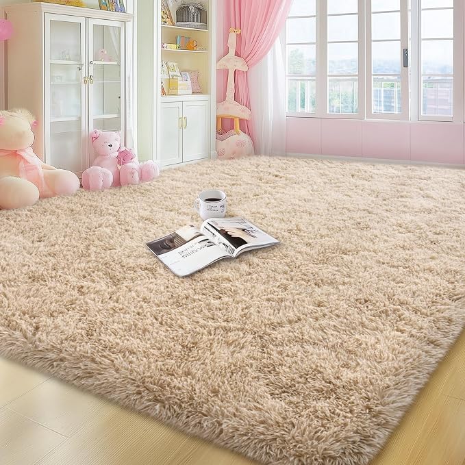 qulint Tan Rug for Living Room, Fluffy Shag 6x9 Area Rug for Bedroom Soft Shaggy Large Carpet for Nursery, Fuzzy Plush Modern Alfombra for Dorm Kid Room Office Home Decor (6ft x 9ft, Light Tan)