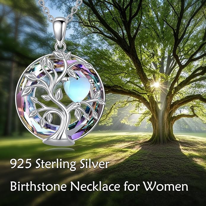 Tree Of Life Birthstone Necklace 925 Sterling Silver Crystal Family Tree Pendant Necklaces Heart Birthstone Jewelry For Women Female Anniversary Birthday Gifts