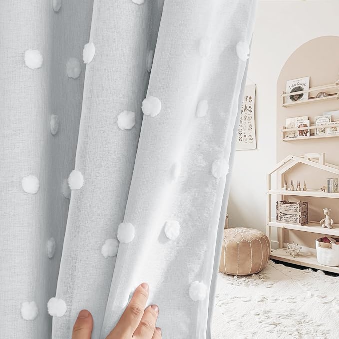 PONY DANCE White Curtains for Living Room 84 Inches Long, Thermal Insulated Room Darkening Curtains with Pom Pom Sheer, Double Layer Curtain for Girls' Bedroom, 52W x 84L, White, 2 Panels