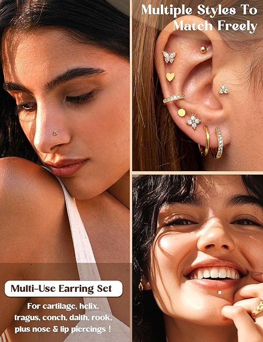 ORAZIO 16G/18G/20G Flat Back Earrings for Women Threadless 316L Surgical Steel Stud Hoop Earrings Push in Nose Studs Hypoallergenic Cartilage Earring Stacks Labret Helix Tragus Conch Piercing Jewelry