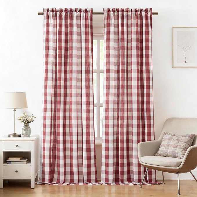 95 Inch Red White Buffalo Plaid Semi Sheer Curtains | Long Rustic Checkered Drapery Panels,Light Filtering Drapes for Sliding Door Living Room,Rod Pocket,52"Wx95"L(Pack of 2)
