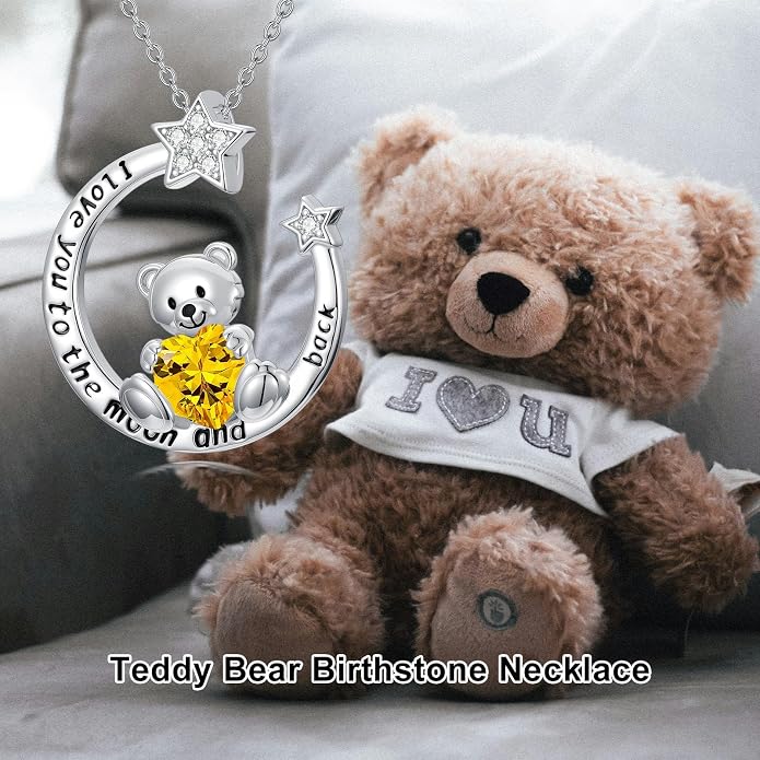 PELOVNY Teddy Bear Necklace for Women 925 Sterling Silver Bear/Highland Cow/Fox/Cat/Axolotl Birthstone Necklace Christmas Birthday Jewelry Gifts for Mom Daughter Wife Sister