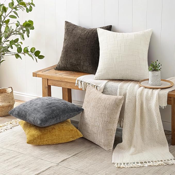 decorUhome Textured Chenille Throw Pillow Covers 16x16 Set of 2 Yellow | Fall Modern Farmhouse Soft Cozy Slubby Couch Pillow Cases Boho Decorative Pillow Cases for Bed Sofa Living Room Home Decor