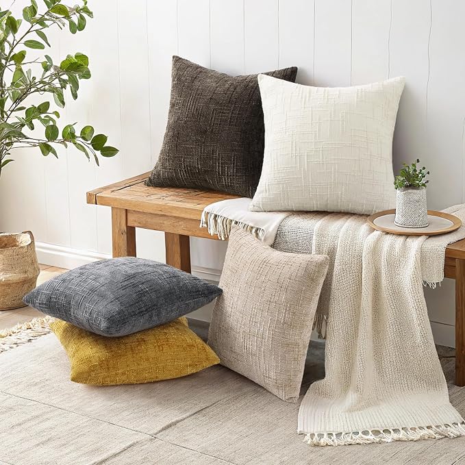 decorUhome Textured Chenille Throw Pillow Covers 20x20 Set of 2 Cream White | Fall Modern Farmhouse Soft Cozy Slubby Couch Pillow Cases Boho Decorative Pillow Cases for Bed Sofa Living Room Home Decor