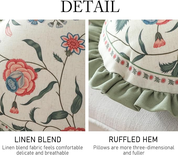 ISAENNE Designer Linen Throw Pillow Cover,Set of 2,Diameter 16"-Daffy A | Vintage French Elegant Round Pillow Cover,Concealed Zipper Design,Floral Pattern,Sofa,Bedroom,Living Room,Lounge Chairs