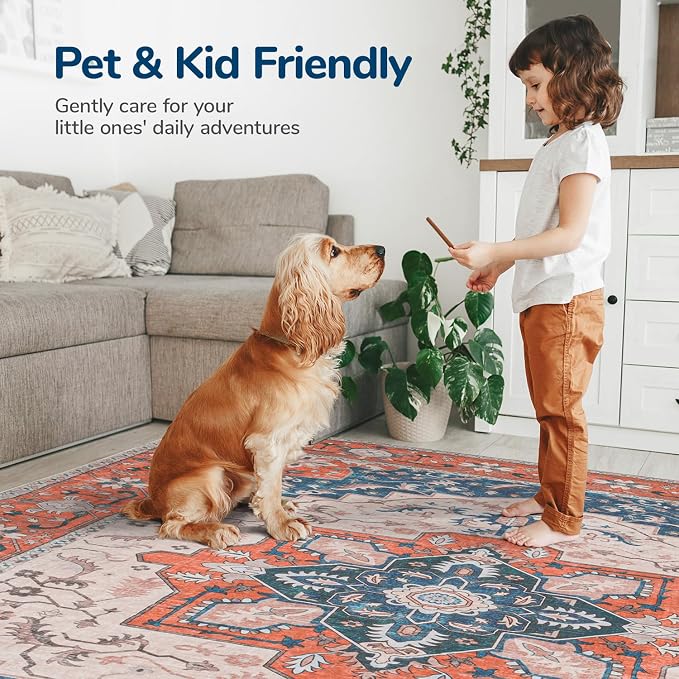Lessymo 8 x 10 Area Rugs for Living Room- Machine Washable Area Rugs Boho Faux Wool Low Pile Area Rug for Bedroom Floral Medallion Vintage Rugs with Non-Slip Rubber, Tangerine Blue