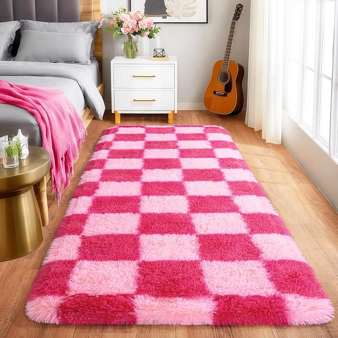 Pionblank Checkered Rug for Bedroom 2x6, Modern Fluffy Runner Rugs for Living Room, Super Soft Shaggy Bedside Carpet for Kids Room Nursery Teens Dorm Decor, Hot Pink