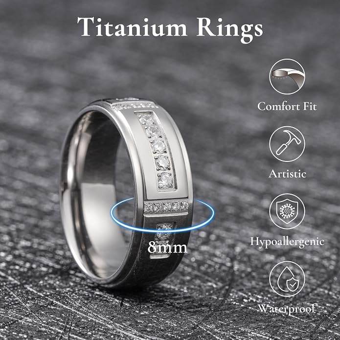 King Will Men's Titanium Wedding Band - 8mm Polished Band with Step Edges and Cross Design Featuring White Zirconia Insets Comfort Fit Size 7-14