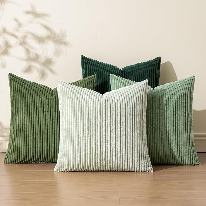 EMEMA Spring Green Decorative Throw Pillow Covers for Couch Bed Livingroom 18x18 Inch Set of 4 Boho Farmhouse Corduroy Striped Square Pillow Case,Western Modern Cushion Covers Home Decor
