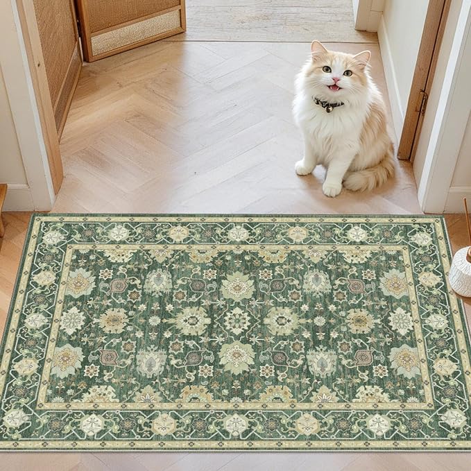 AMADA HOMEFURNISHING 2x3 Washable Entry Rug, Vintage Distress Print Pattern Carpet Small Rugs for Entryway Kitchen Bathroom Door Mat Indoor Entrance, Olive Green