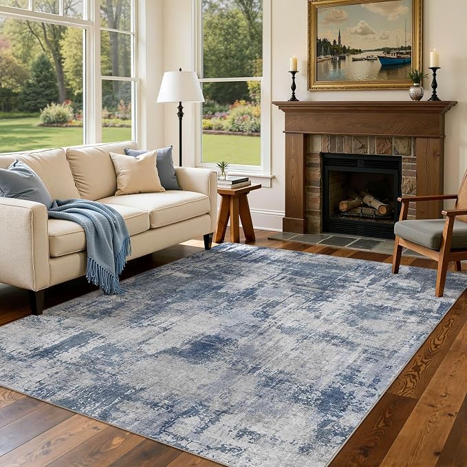 DMOYEST 5x7 Area Rug - Washable & Non Slip Indoor Rug for Living Room, Kid & Pet Friendly Abstract Low Pile Soft Carpet for Bedroom and Dining Room - Dark Blue
