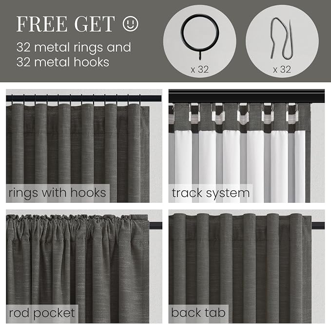 Topfinel Charcoal 90 Inch Long Blackout Bedroom Curtains Back Tab & Rod Pocket, Modern Farmhouse Blend Linen Panels for Track System, Modern Chic Carbon Grey Noise Cancelling Drapes 52" W*90" L