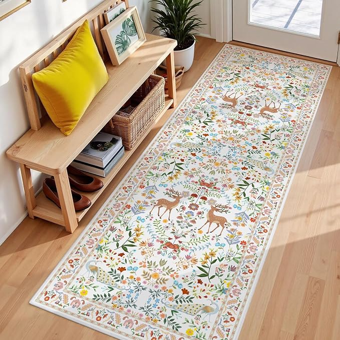 Lunasun 2x6 White Runner Rug for Kitchen, Entry Way - Bathroom Runners, Non Slip Washable Floral Print Home Decor