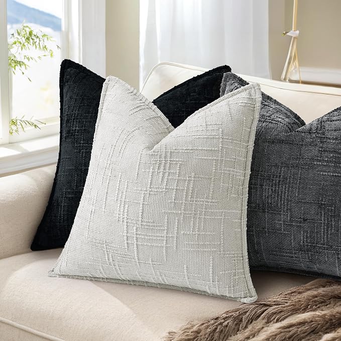decorUhome Chenille Decorative Throw Pillow Covers 22x22 Set of 2,Black | Soft Texture, Slubby Modern Design, Flange Edges, Cozy Accent Pillow Covers for Couch, Sofa, Bed, Living Room