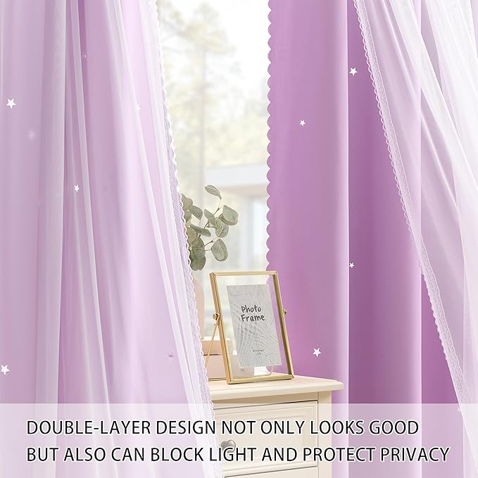 XiDi Purple Curtains for Girls Bedroom 2 Panels 90 Inches Long Star Cut Out Kids Nursery Blackout Curtains Princess Mermaid Wall Decor Double Layer Purple Lace Curtains Grommet Lilac Purple W34 x L90