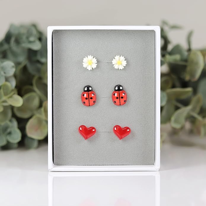 Metal Free Plastic Post Earrings Gift Set (Dainty Daisy, Ladybug, Red Heart)