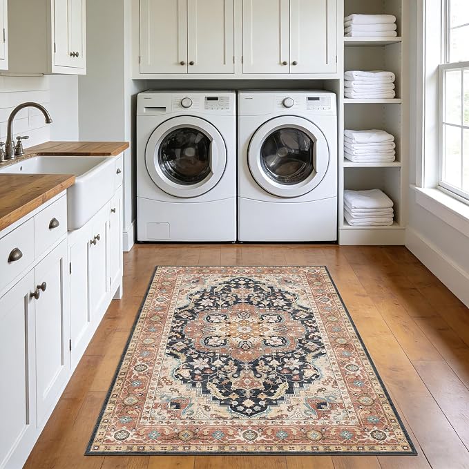 LUXRUG 3x5 Entry Rug - Small Washable Entryway Rug Non-Slip Farmhouse Terracotta Black Oriental Kitchen Rug Low Pile Medallion Carpet Throw Rugs for Living Room Bedroom Bathroom Entrance Mudroom Foyer