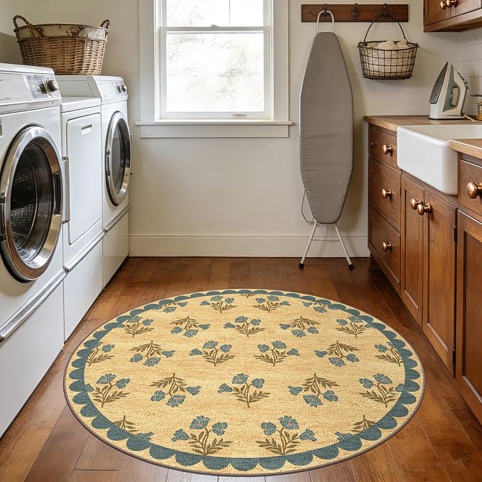 3ft Entryway Round Rug - 3x3 Small Washable Floral Boho Farmhouse Scalloped Round Bedroom Rug Non Slip Front Door Mat Indoor Stain Resistant Jute-Look Circle Rugs for Bedroom Entryway Kitchen