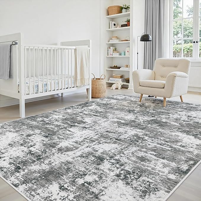 6x9 Area Rugs Living Room Rug Modern Abstract Neutral Washable Rugs Non Slip Soft Carpet Large Area Rug Low Pile Stain Resistant Non Shedding for Bedroom Nursery Dining Room Home Office Gray