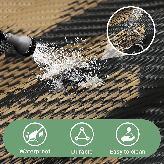 GENIMO Outdoor Rug, Waterproof Plastic Rugs for Patio, 5'x8' Black Brown | Outside Larger Leaf Carpet Mat for Porch Decor, Deck, Balcony, Camping, RV, Backyard, Picnic, Beach, Reversible, Foldable