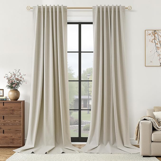 Guken Extra Long 100% Blackout Linen Curtains for Bedroom 120 inches Long, Thermal Insulated Room Darkening Black Out Drapes for Living Room, Back Tab Rod Pocket 2 Panels Set,Eggshell Beige,52x120