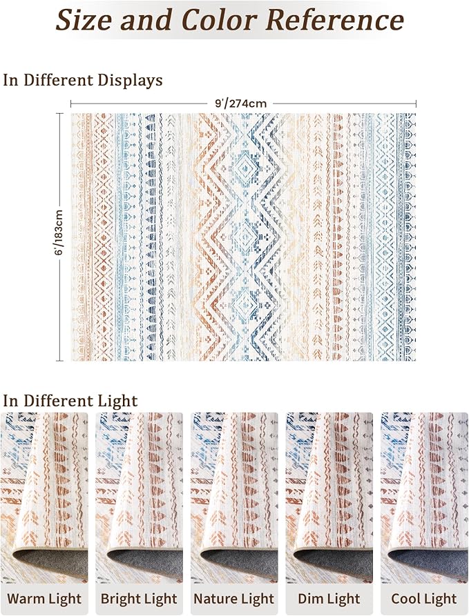 Miukiki 6x9 Area Rug for Living Room Moroccan Washable Rugs Non Slip Indoor Floor Carpet Foldable Large Soft Area Rug for Dining Room Bedroom with Low Pile(Colorful,6'x9')