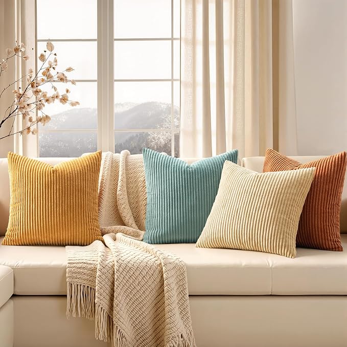 EMEMA Teal Orange Decorative Throw Pillow Covers for Couch Bed Livingroom 18x18 Inch Set of 4 Boho Farmhouse Corduroy Striped Square Pillow Case,Western Modern Cushion Covers Spring Home Decor
