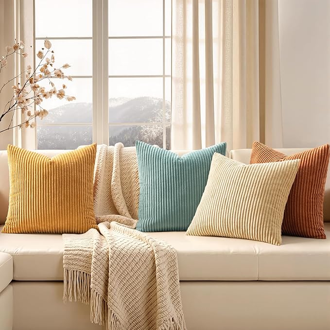 EMEMA Teal Orange Decorative Throw Pillow Covers for Couch Bed Livingroom 20x20 Inch Set of 4 Boho Farmhouse Corduroy Striped Square Pillow Case,Western Modern Cushion Covers Home Decor