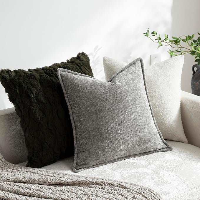 DEZENE Pack of 2 Light Gray Euro Shams Pillow Covers 26x26 Cozy Soft Chenille Decorative Throw Pillow Covers Accent Vintage Square Couch Pillow Covers for Home Decor Bed Sofa Living Room