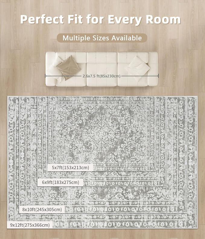 Vintage Living Room Area Rug - 8x10 Large Machine Washable Boho Area Rug Distressed Floral Rugs for Bedroom, Soft Non-Slip Indoor Floor Accent Rugs for Office Dining Room (Floral Grey, 8'x10')