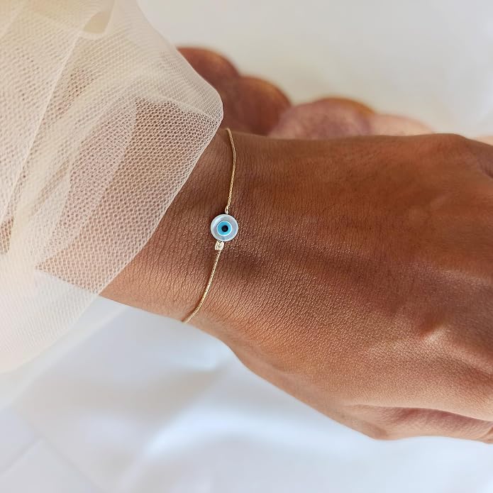 Minimalist Evil Eye Charm Bracelet – Handmade Delicate Good Luck Jewelry for Women – Adjustable 6.5” + 1” Extender