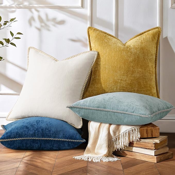 decorUhome Fall Soft Decorative Chenille Throw Pillow Covers 18x18 Set of 4 | Aqua Blue Cozy Decorative Modern Farmhouse Neutral Pillow Cases with Stitched Edge for Couch Sofa Bed Living Room Home Decor