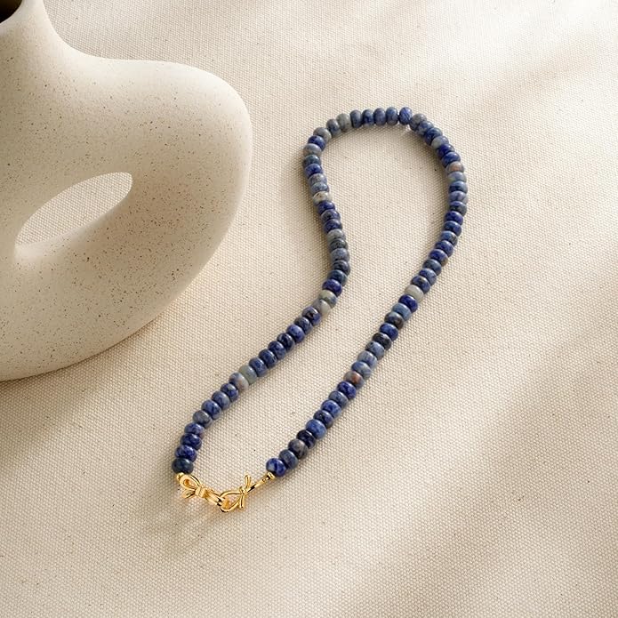 NLIEO Rainbow Colorful Gemstone Beaded Choker Necklace for Women 14K Gold Bow Birthstone Beads Chokers 18inches