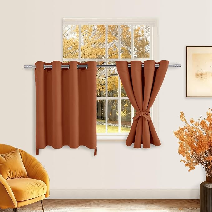 Hiasan Fall Blackout Curtains for Bedroom, 52 x 36 Inches Long - Thermal Insulated & Light Blocking Window Curtains for Living Room Home Decor, 2 Drape Panels Sewn with Tiebacks, Burnt Ochre