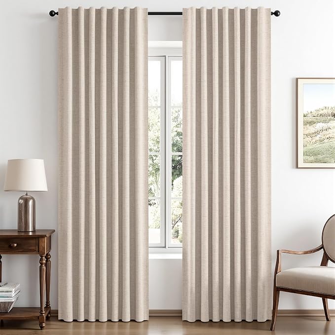 MIULEE 100% Blackout Linen Curtains 42 x 63 Inch Natural 2 Panels | Thermal Insulated, Room Darkening Drapes for Bedroom Living Room, Back Tab Rod Pocket Pinch Pleated, Solid Luxury Decor