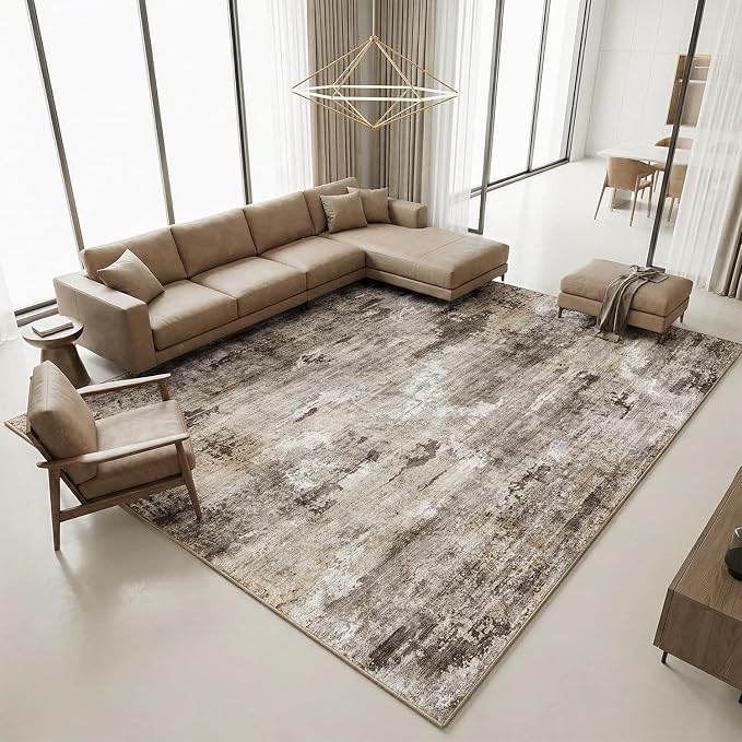 Washable Area Rug for Living Room Modern Abstract Distressed Large Carpet Water Resistant 0.26" Low Pile Floor Mat for Dining Room Bedroom Office, Brown, 8'x10'