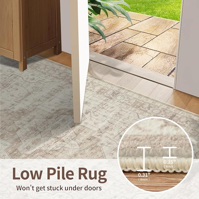 Rugxara 6x9 Washable Area Rug for Living Room, Vintage Neutral Large Boho Rugs for Office, Dining Room, Kids Room, Farmhouse, Durable Low Pile Non Slip Carpet for High Traffic Areas, Cream