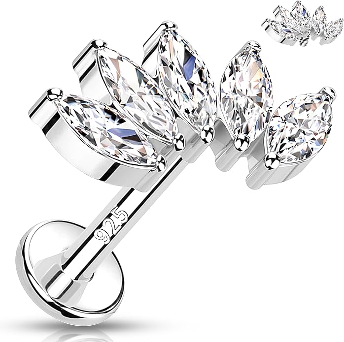 Melighting 16G Curved Helix Earring, Sterling Silver 925 Tragus Conch Stud Internally Threaded, Clear Marquise Round CZ Flat Back Lobe Labret Cartilage Piercing Jewelry for Women 6/8 mm